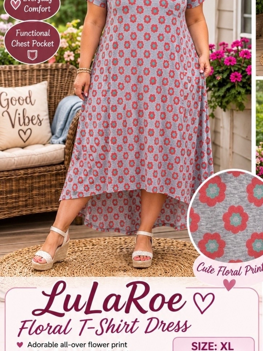 Y66 LuLaRoe XL Floral High-Low T-Shirt Dress – Gray Coral Mint